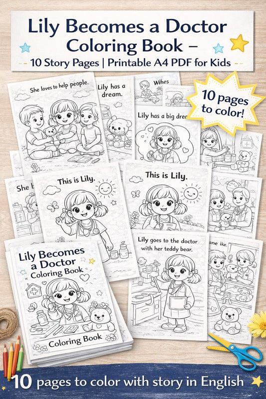 Lily Becomes a Doctor Coloring Book – 10 Story Pages | Printable A4 PDF for Kids