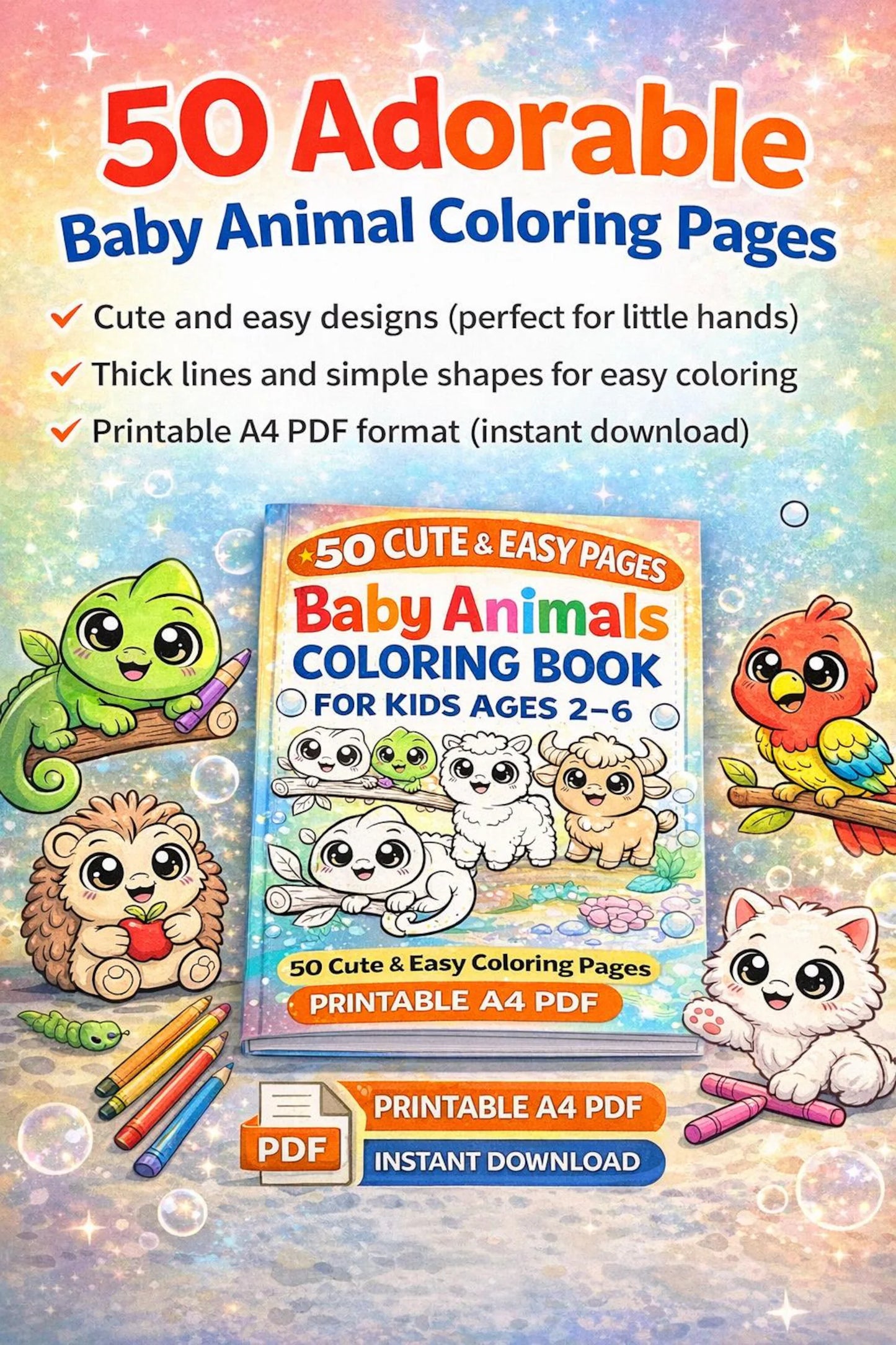 Baby Animals Coloring Book for Kids Ages 2-6 – 50 Easy Pages (PDF Download)