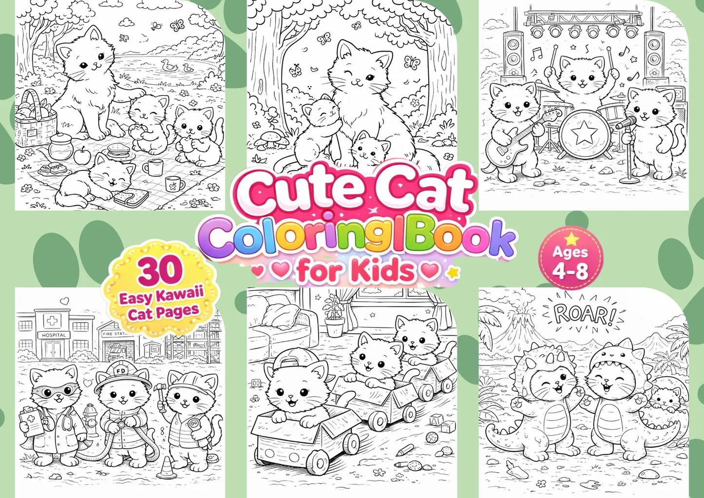 Kawaii Cat Coloring Book β 30 Easy Pages for Kids (Printable PDF)