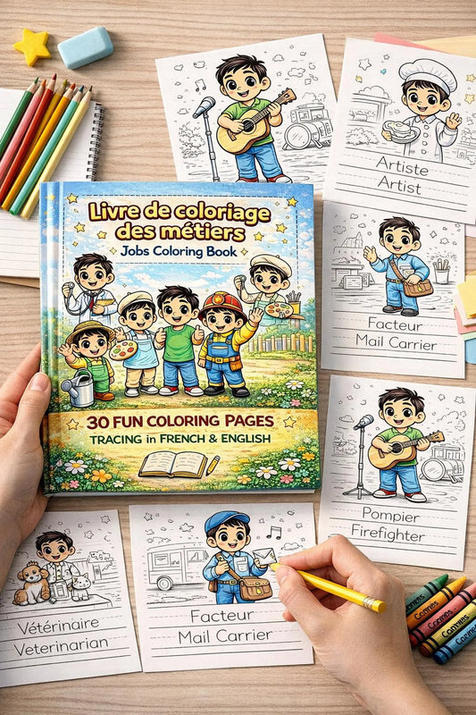 Jobs Coloring Book for Kids | French & English Tracing, Career Activity, Digital PDF