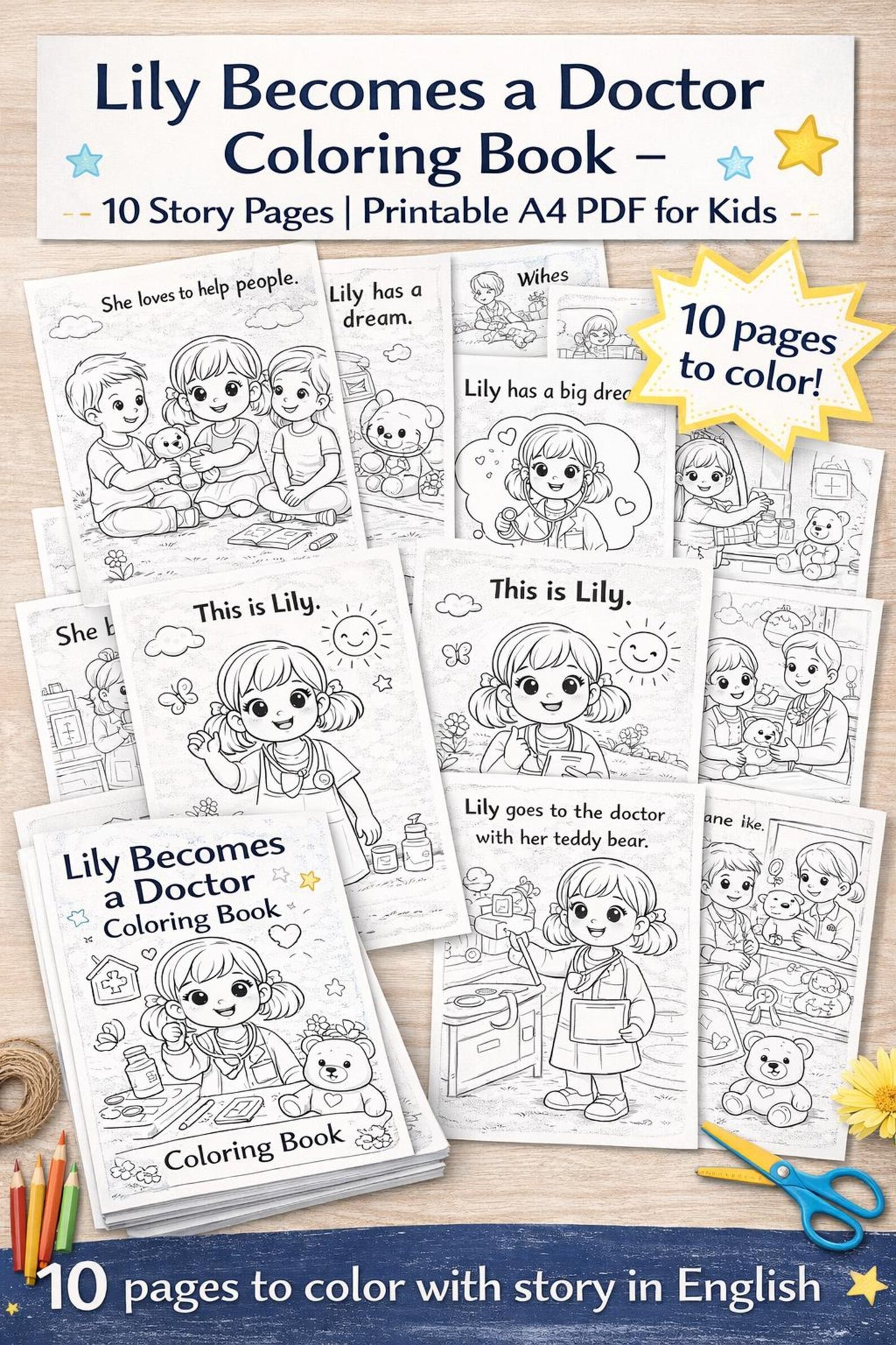 Lily Becomes a Doctor Coloring Book – 10 Story Pages | Printable A4 PDF for Kids