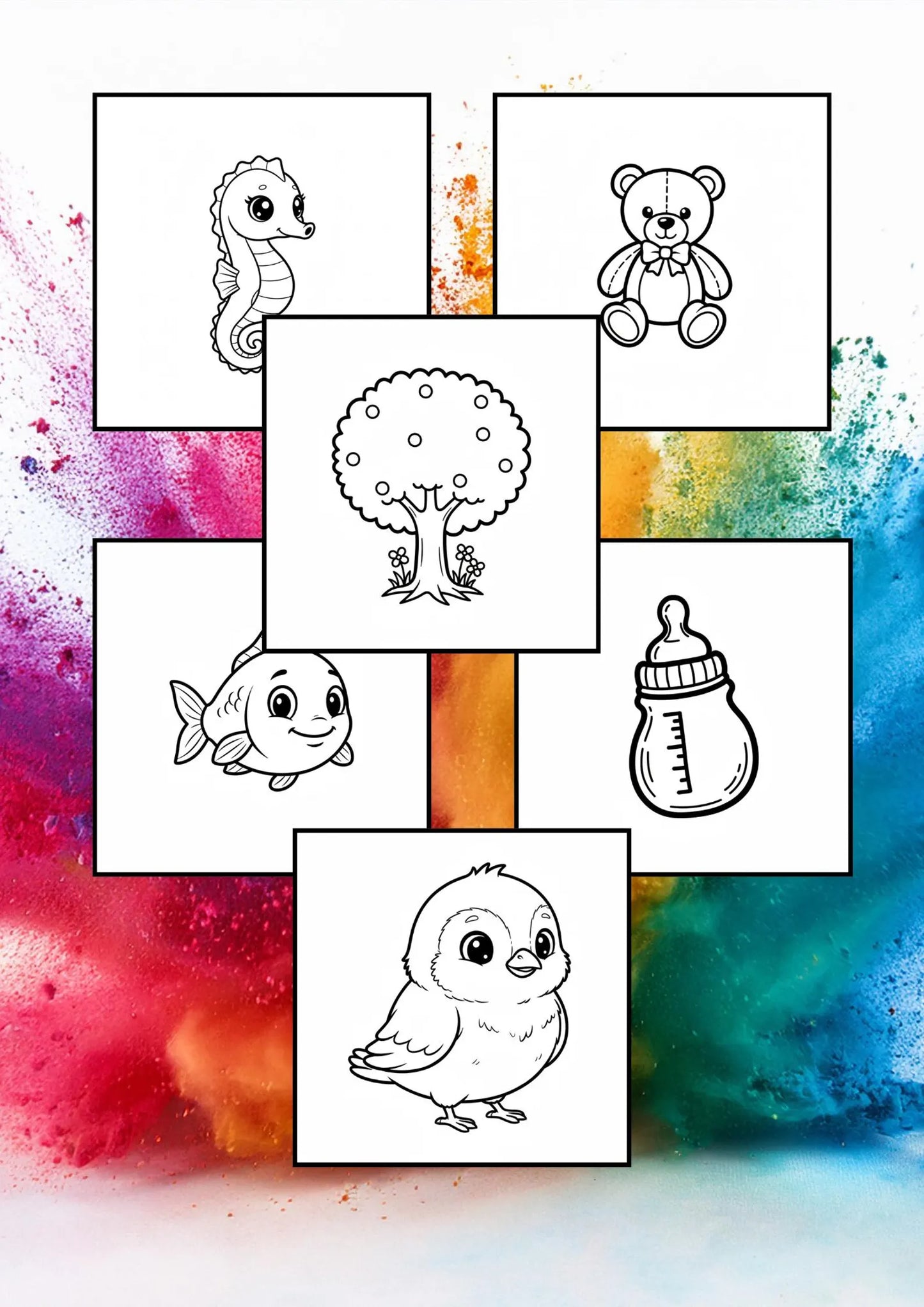 100 Pages Toddler Coloring Book, Easy Animals Vehicles Food Designs and more (A4 PDF)