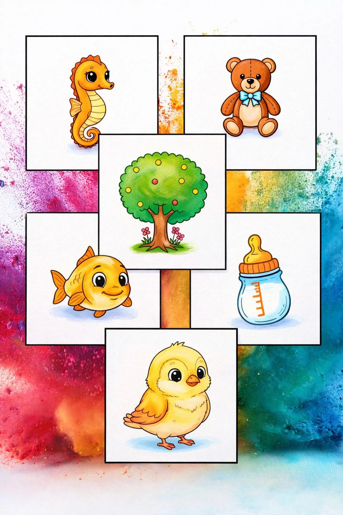 100 Pages Toddler Coloring Book, Easy Animals Vehicles Food Designs and more (A4 PDF)