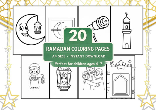 Ramadan Coloring Book for Kids – 20 A4 Printable PDF Pages (Digital Download)