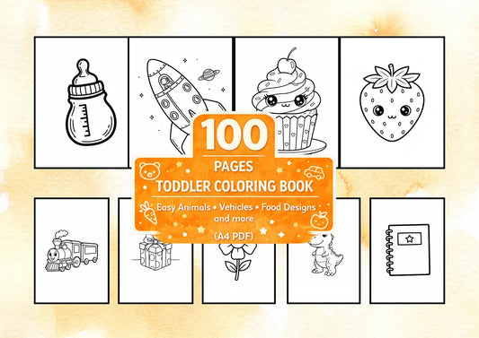 100 Pages Toddler Coloring Book, Easy Animals Vehicles Food Designs and more (A4 PDF)