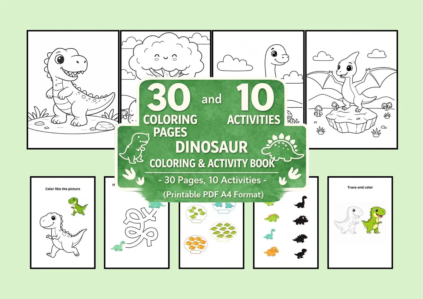 Dinosaur Coloring & Activity Book – 30 Pages, 10 Activities (Printable PDF A4 Format)