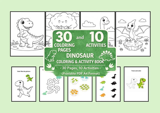 Dinosaur Coloring & Activity Book – 30 Pages, 10 Activities (Printable PDF A4 Format)