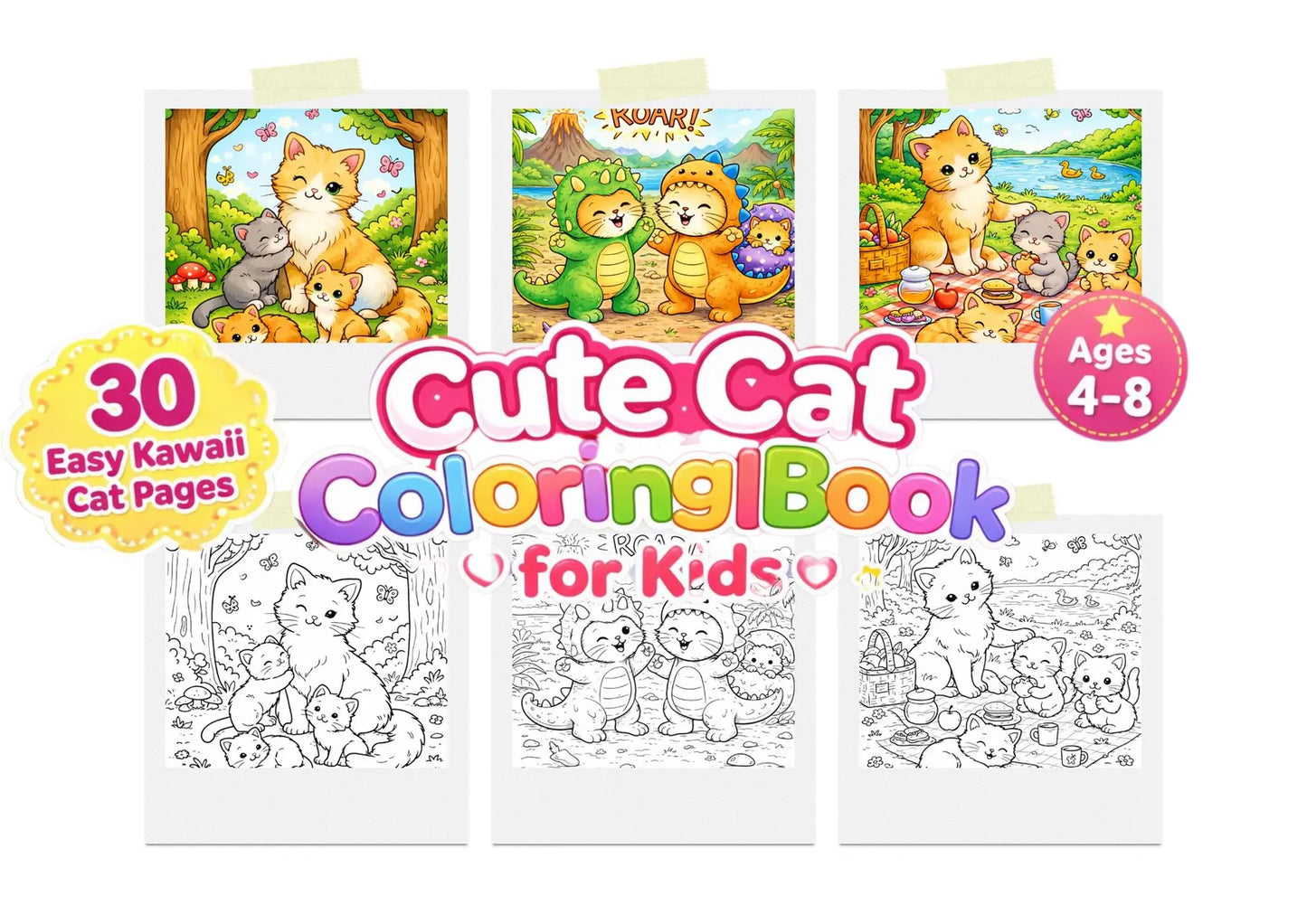 Kawaii Cat Coloring Book – 30 Easy Pages for Kids (Printable PDF)