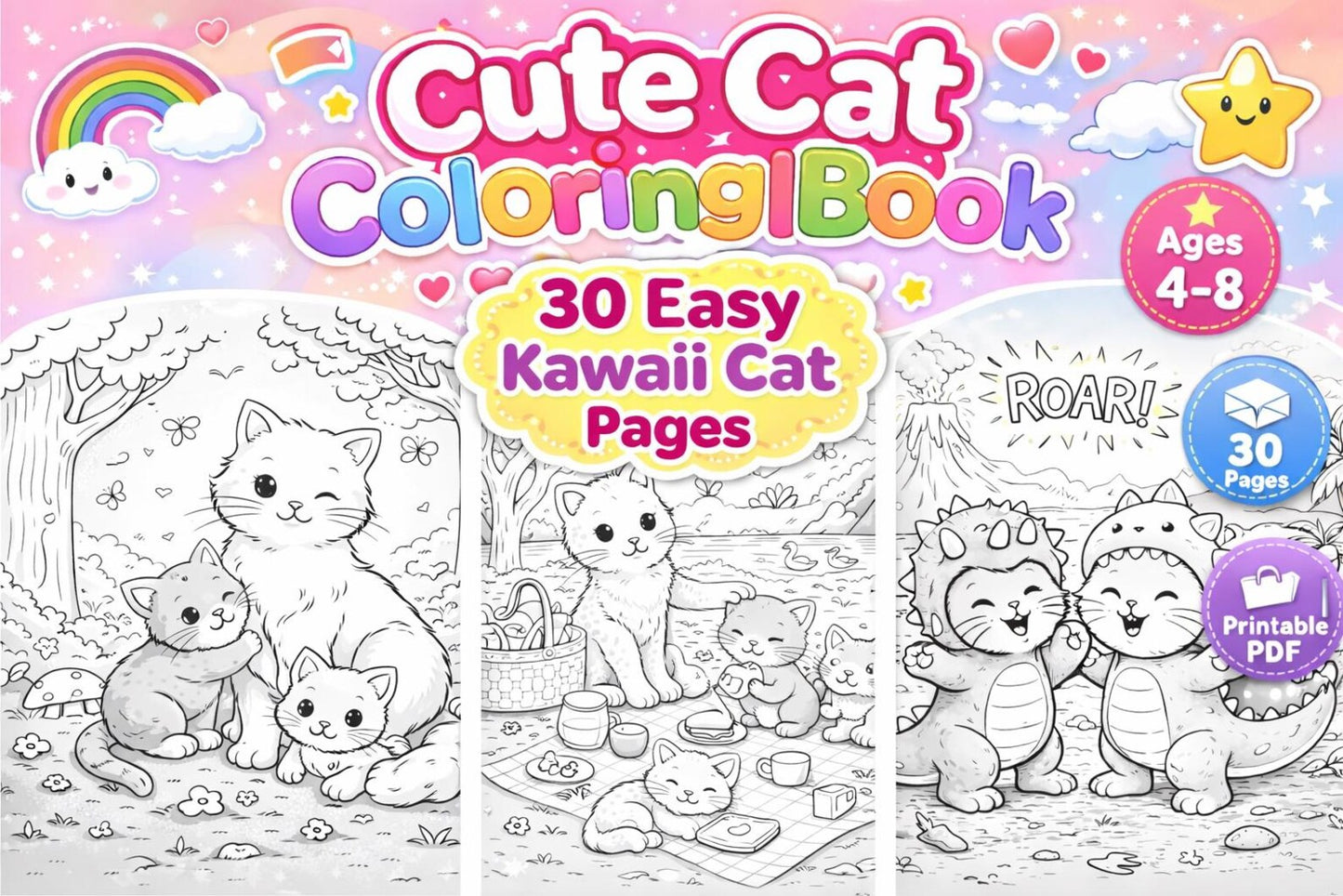 Kawaii Cat Coloring Book – 30 Easy Pages for Kids (Printable PDF)