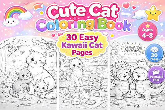 Kawaii Cat Coloring Book – 30 Easy Pages for Kids (Printable PDF)