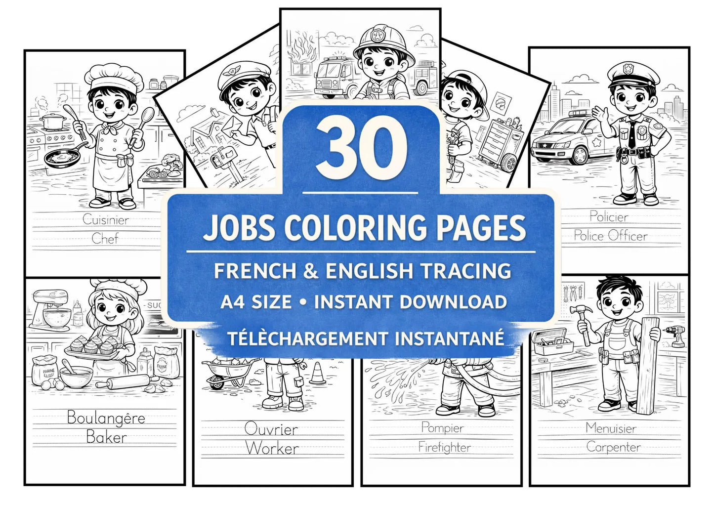 Jobs Coloring Book for Kids | French & English Tracing, Career Activity, Digital PDF
