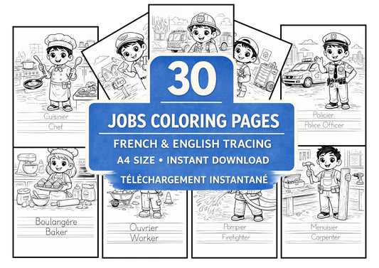 Jobs Coloring Book for Kids | French & English Tracing, Career Activity, Digital PDF
