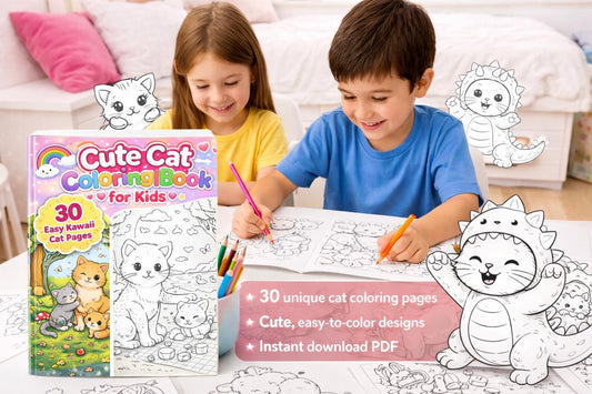 Kawaii Cat Coloring Book – 30 Easy Pages for Kids (Printable PDF)